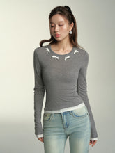 Gray Bow Studded Decorated 2-in-1 T-shirt - CHINASQUAD