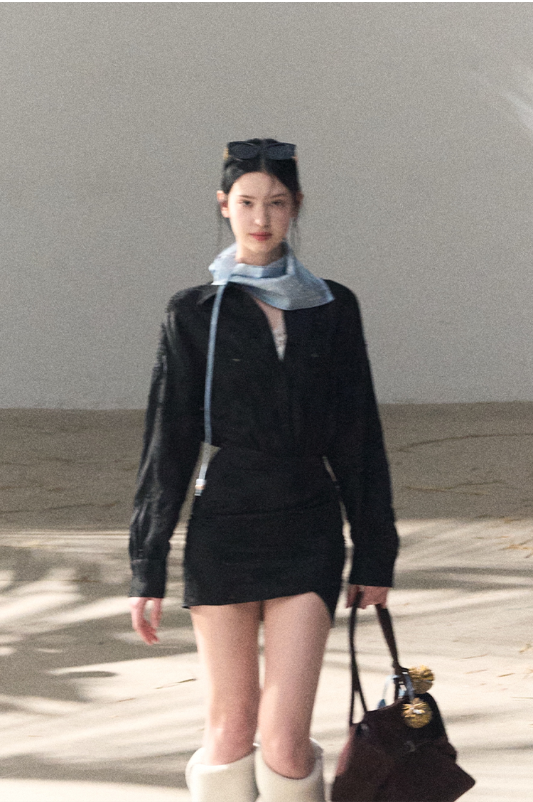 Waist-Cinched Long-Sleeve Shirt Dress