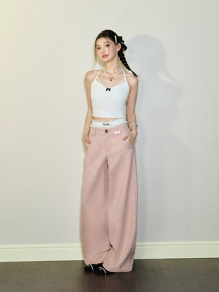 Pink &amp; Gray Camellia Print Wide-leg Pants