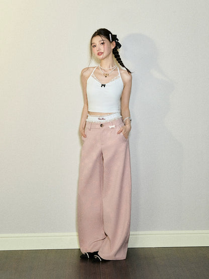 Pink &amp; Gray Camellia Print Wide-leg Pants