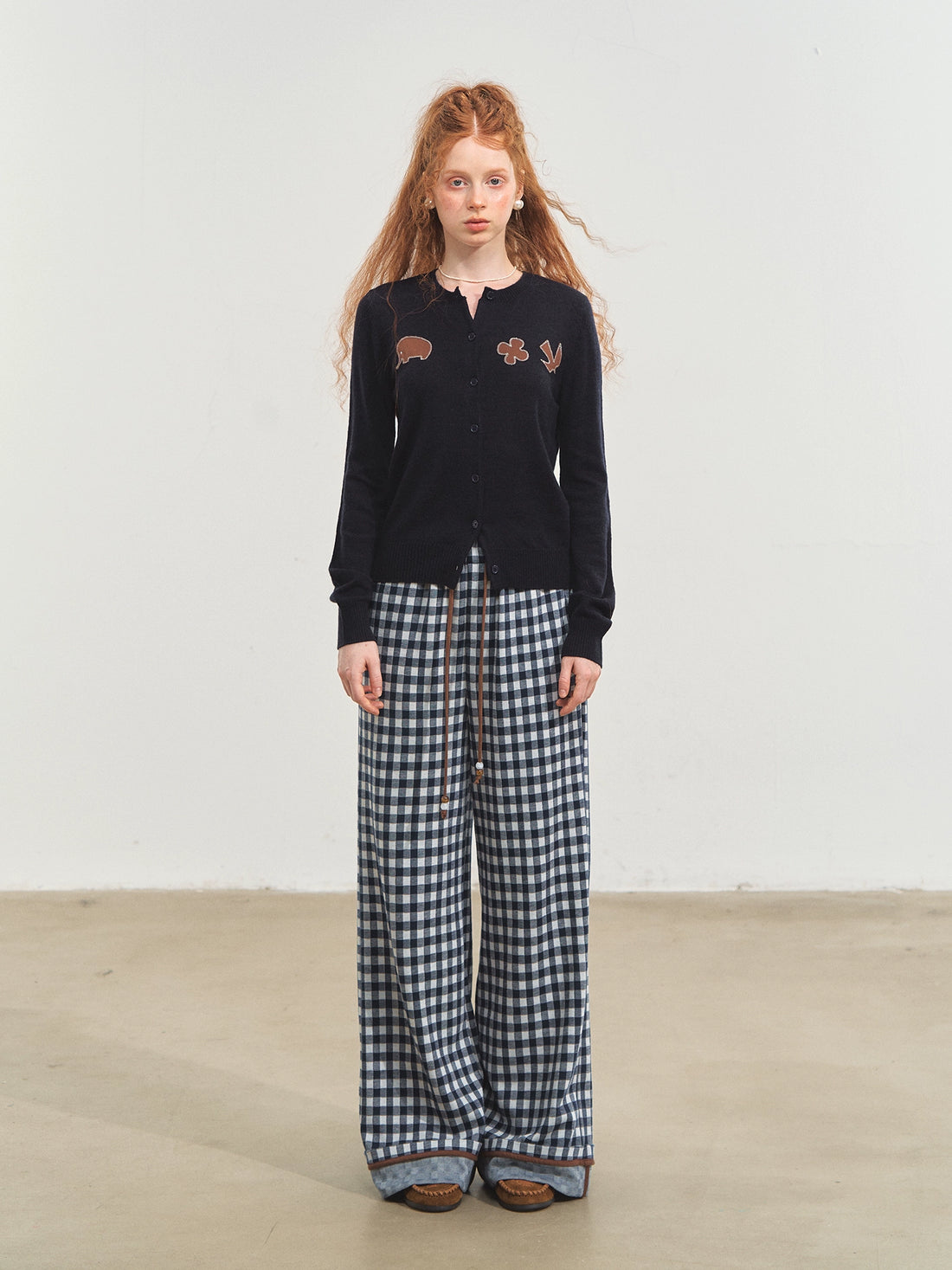 Checkered Cuff Wide‑Leg Pants