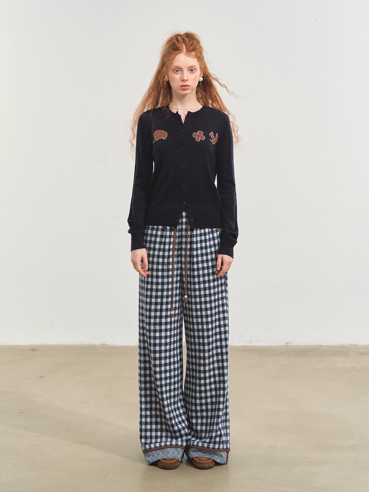 Checkered Cuff Wide‑Leg Pants