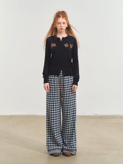 Checkered Cuff Wide‑Leg Pants