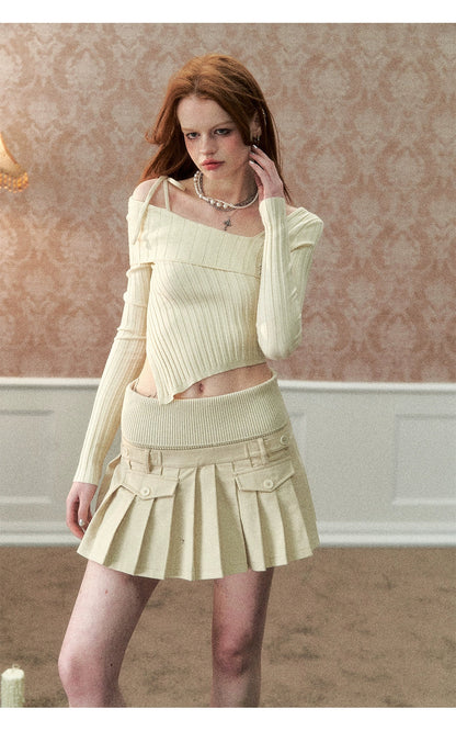 Apricot &amp; Gray Off-shoulder Asymmetric Sweater
