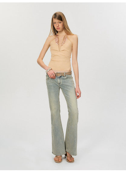Vintage Deep V Sequin Halterneck Slim Fit Tank Top