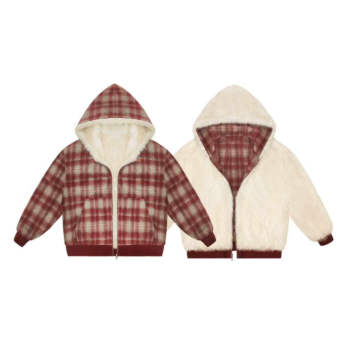 Reversible Plaid Teddy Fur Jacket