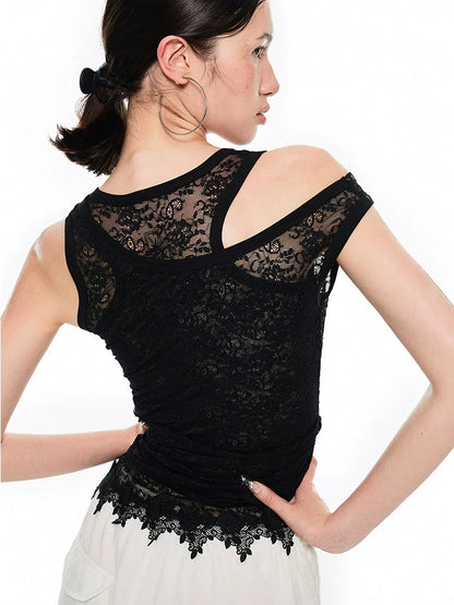 Black &amp; White Asymmetric Lace Layered Tank Top