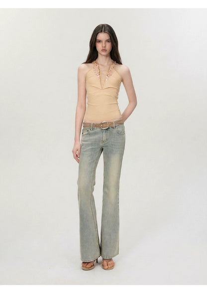 Vintage Deep V Sequin Halterneck Slim Fit Tank Top