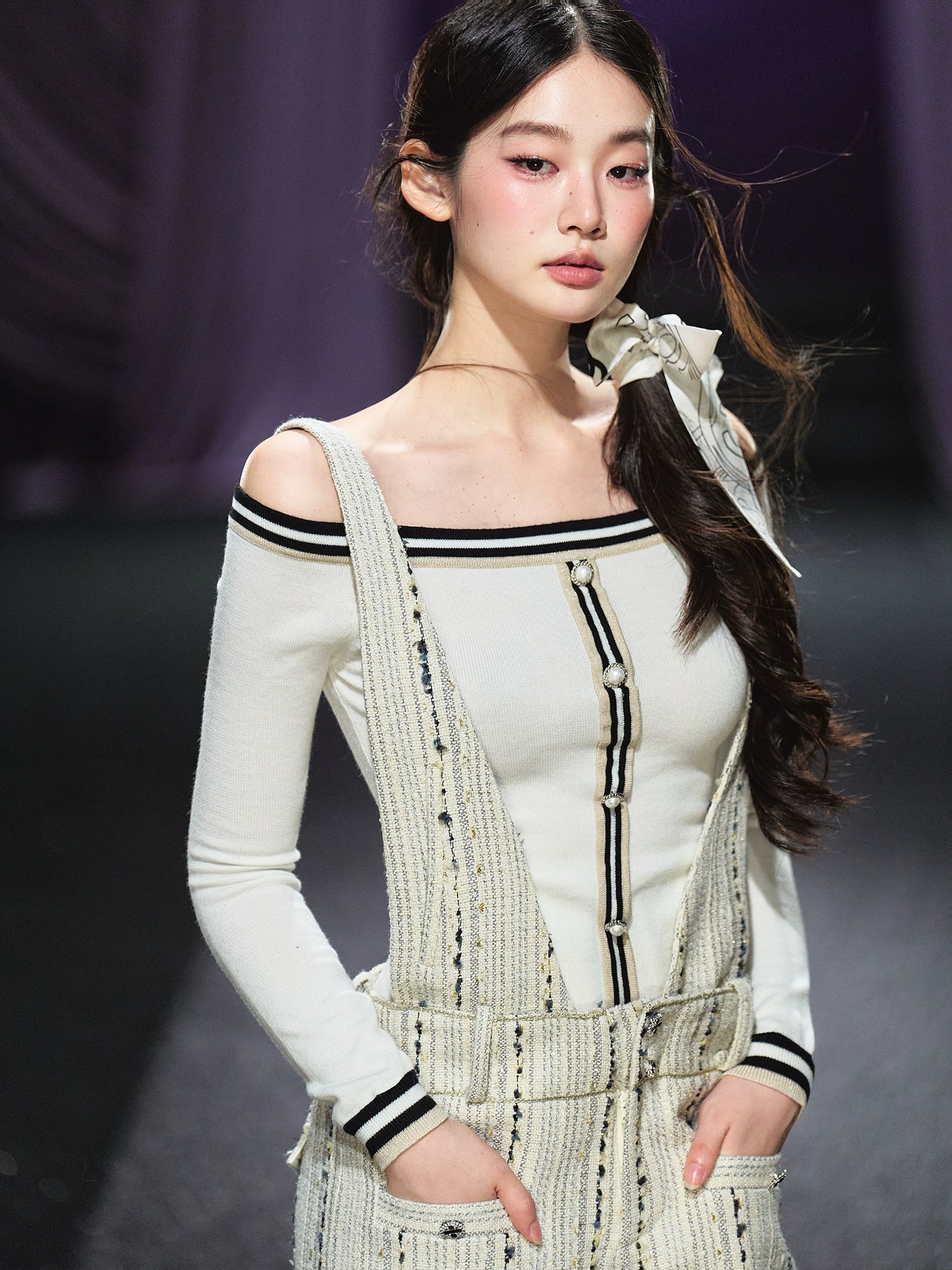 Tweed-Inspired V-Neck Wide-Leg Jumpsuit