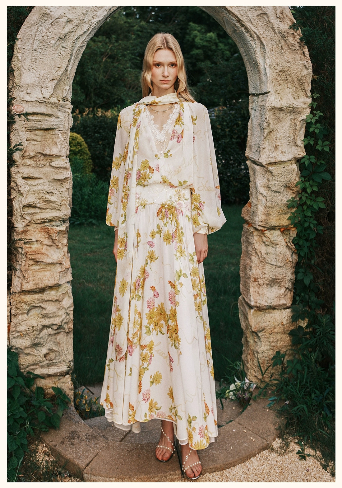 Milena Chiffon Lace Lantern Sleeve Midi Dresse