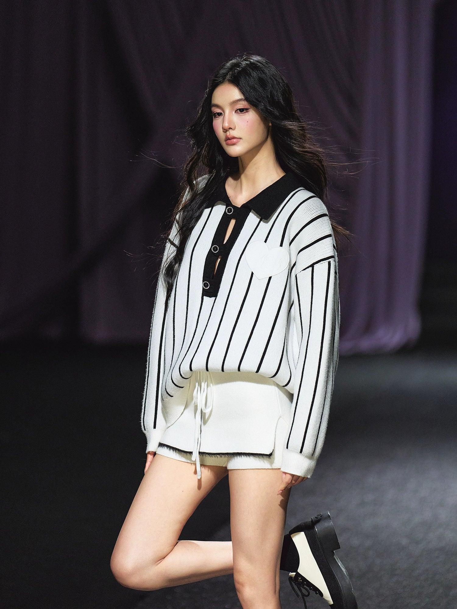Striped Knit Polo T-Shirt &amp; Contrast Trim Skort Set