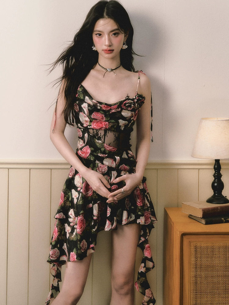 Black &amp; Pink Rose Floral Dress