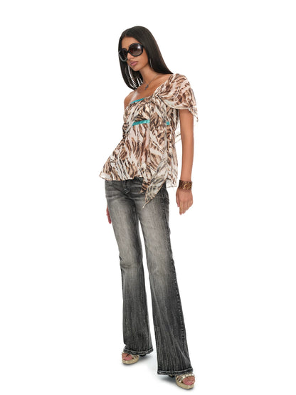 Tiger Print Chiffon Draped Strapless Open-Back Ribbon Top