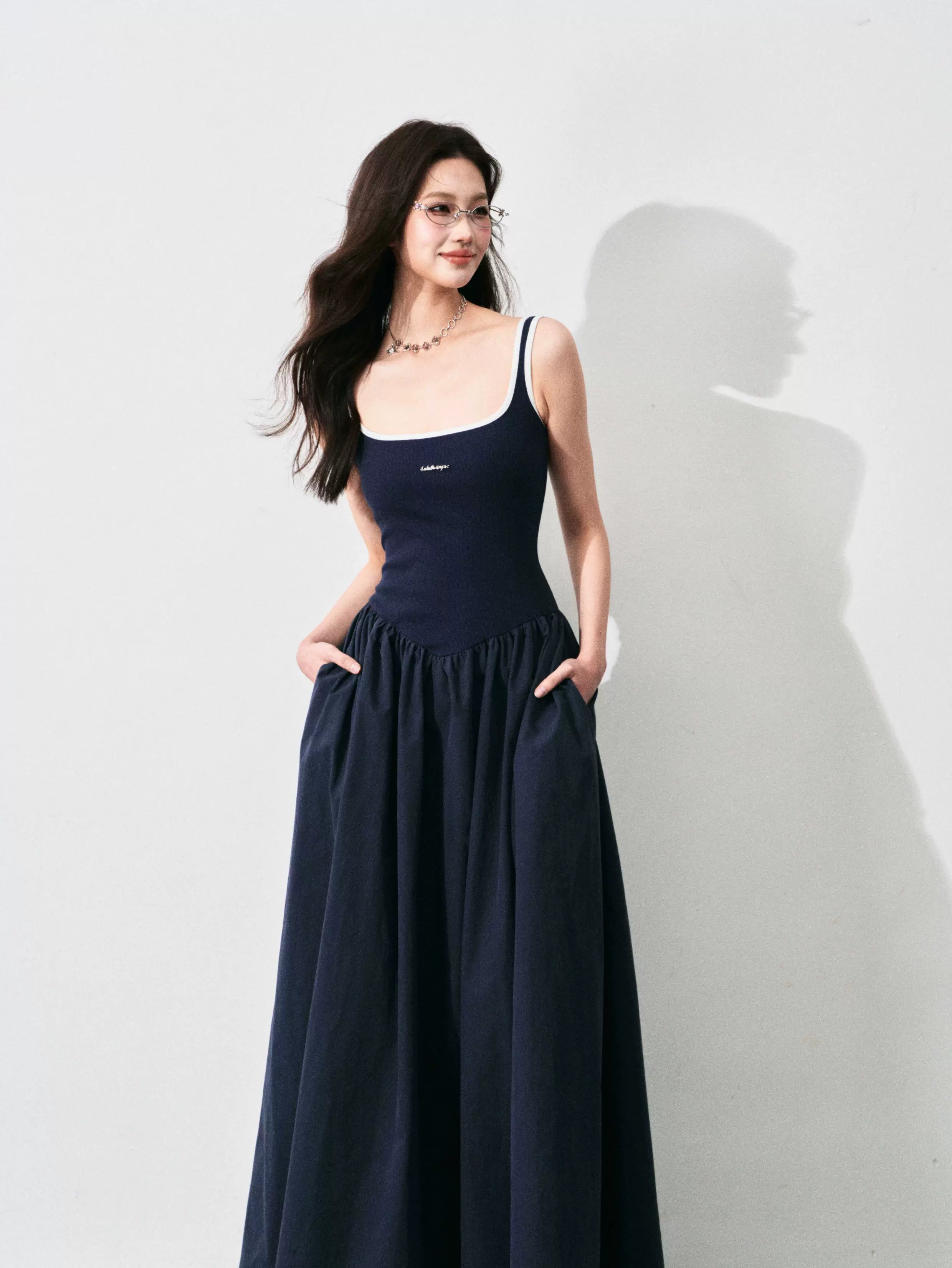 Contrast-Trim Backless Slip Maxi Dress