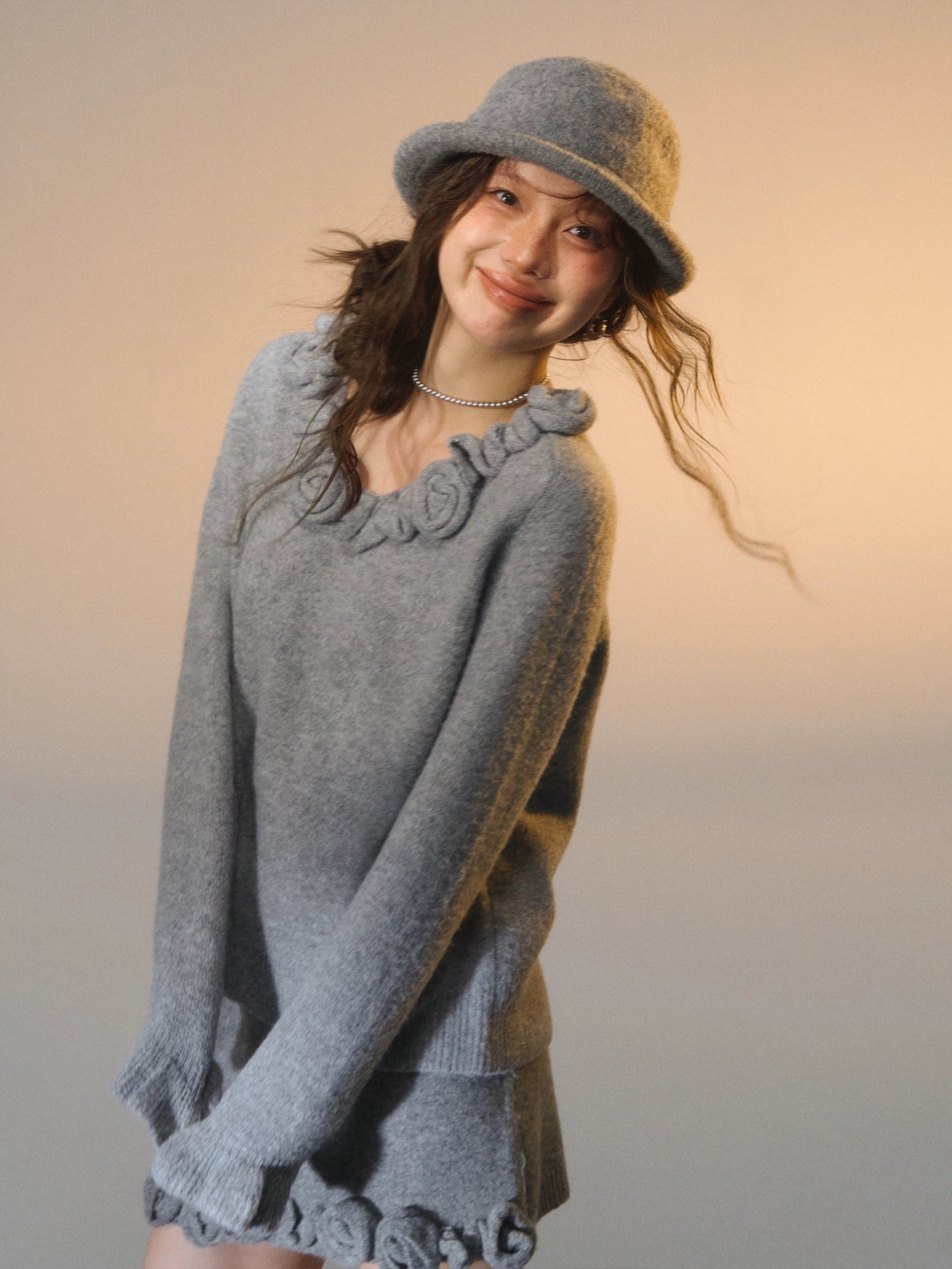 3D Rose V-Neck Knit Sweater &amp; A-Line Knit Skirt Set