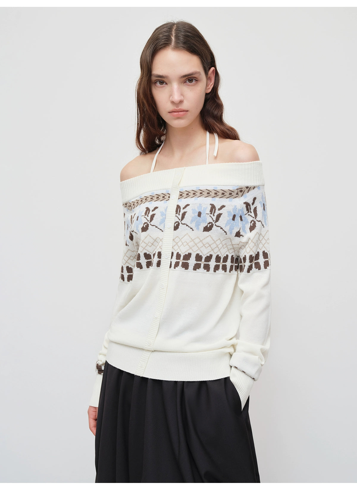 Air Isle Off-Shoulder Wool Knit Sweater