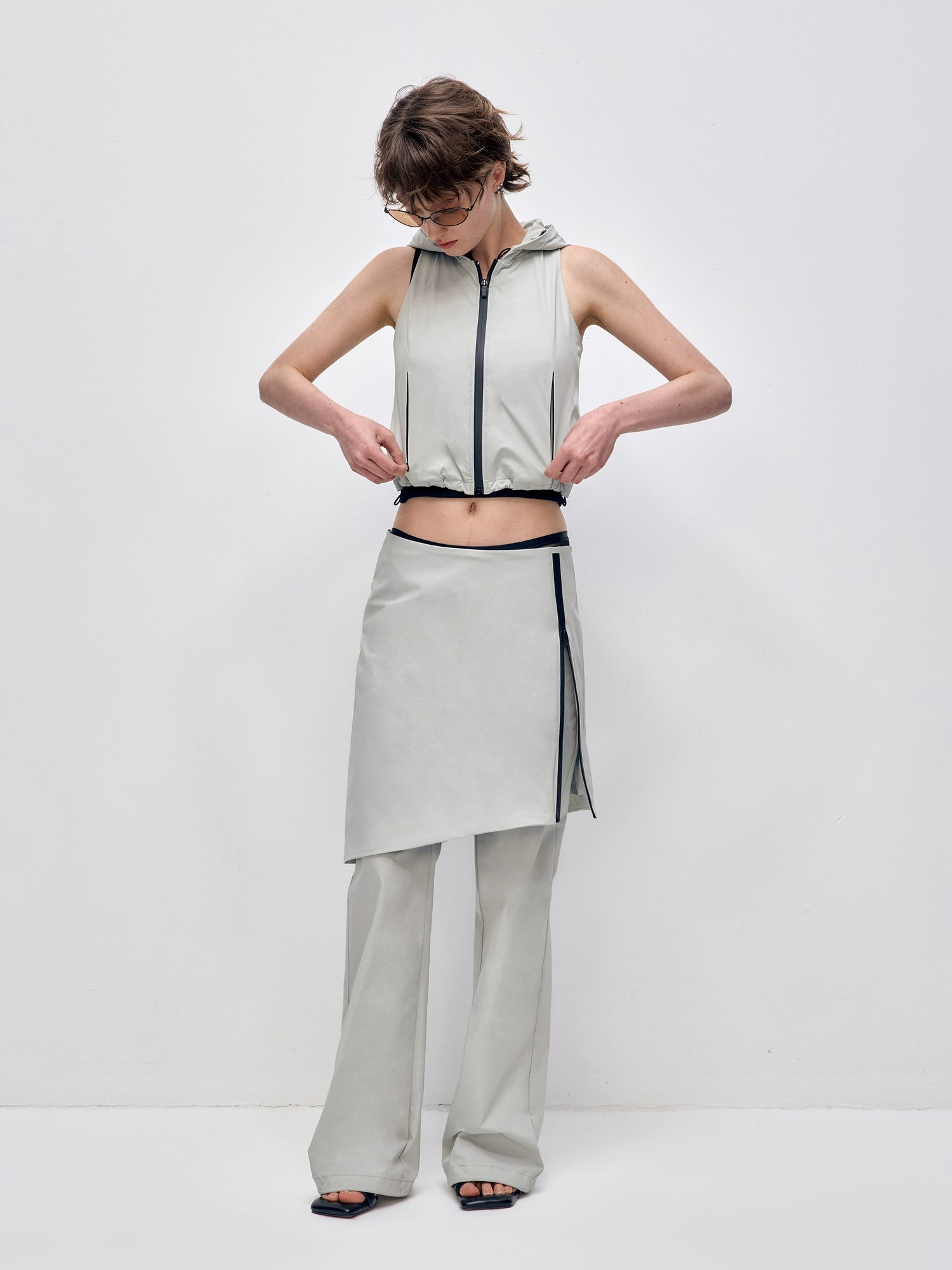 Color Blocking Fake Two-piece Zipper Slightly Flared Skirt
