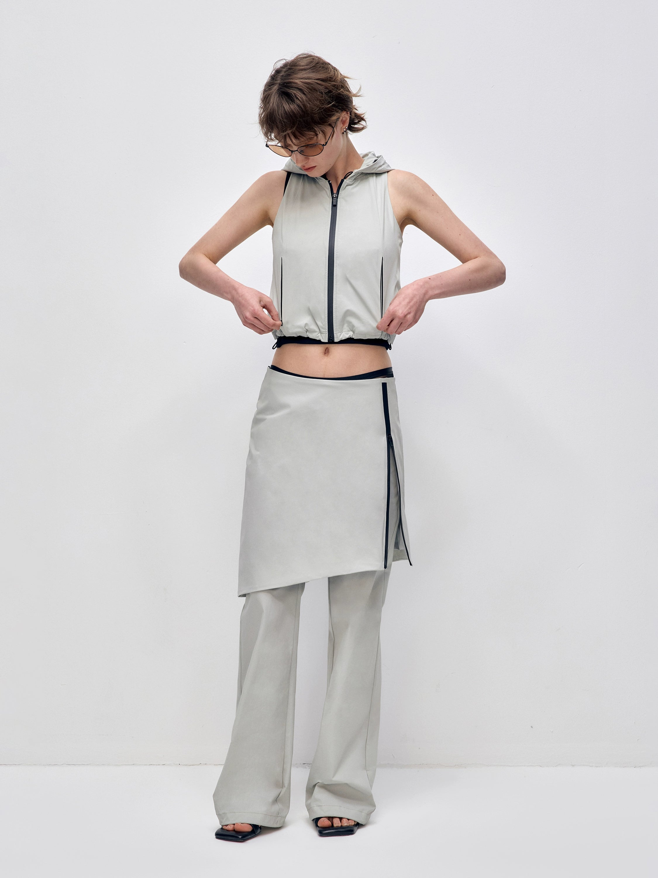 Color Blocking Fake Two-piece Zipper Slightly Flared Skirt
