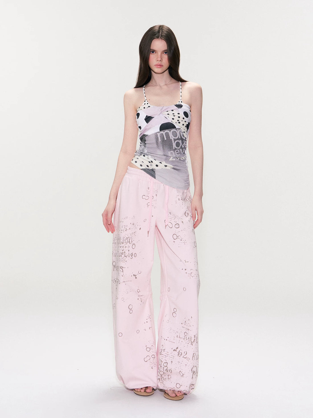 Vintage Graphic Drawstring Wide-Leg Pants