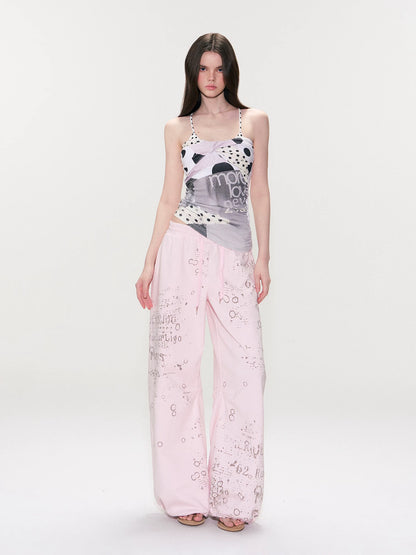 Vintage Graphic Drawstring Wide-Leg Pants