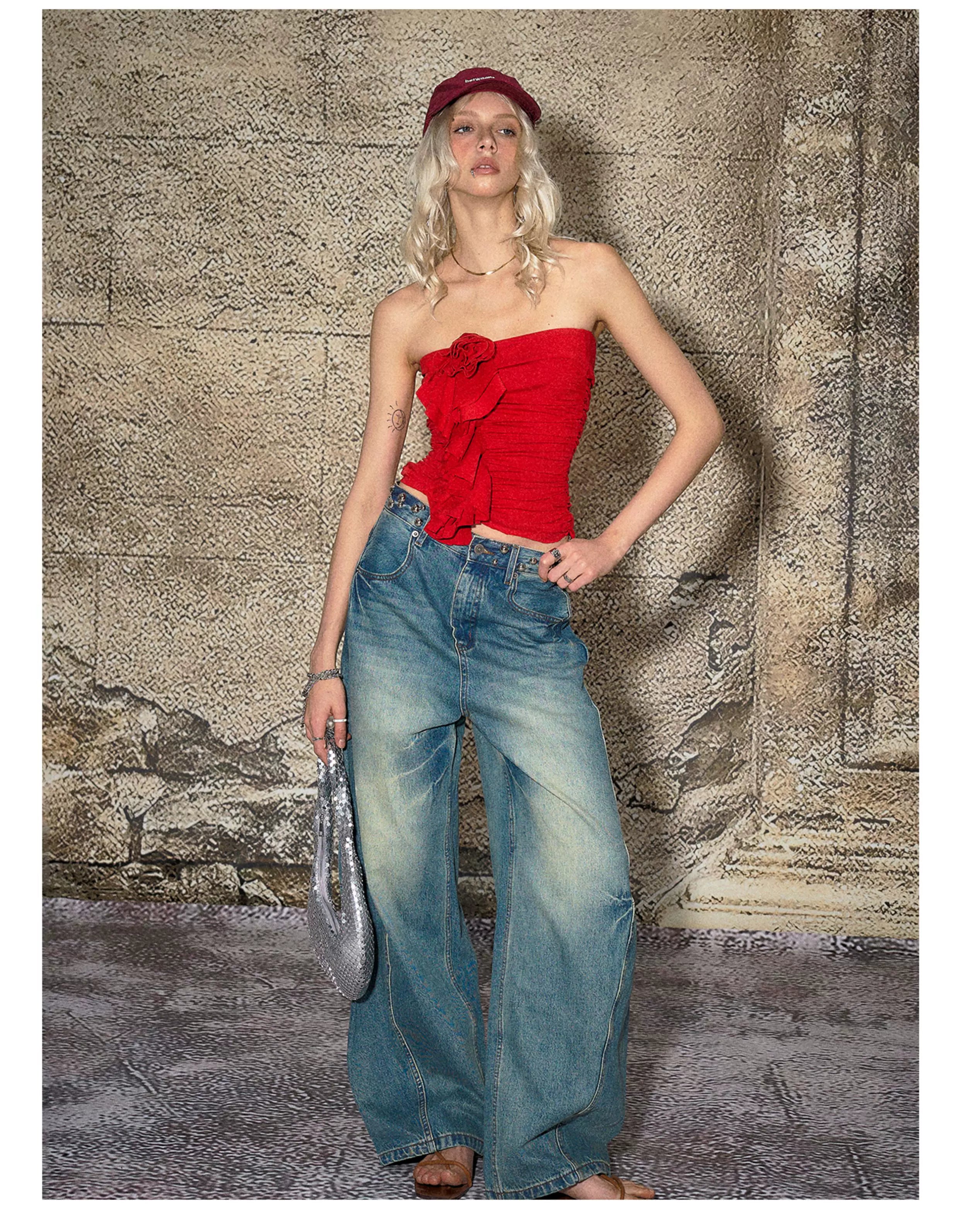 Red Floral Ruched Bandeau Crop T-shirt