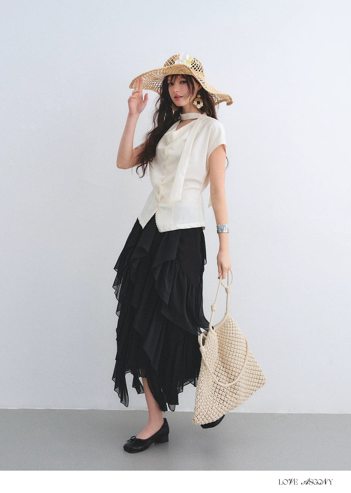 Linen Blend Lace Trim Draped Neck Tie-Waist Blouse