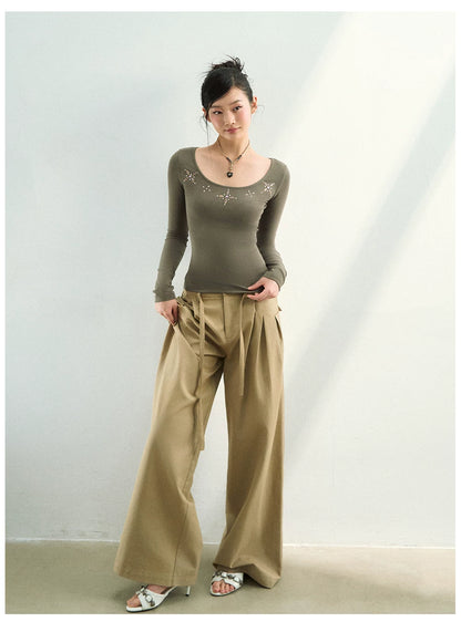 Rhinestone Embellished French U-Neck Knit TT-Shirts