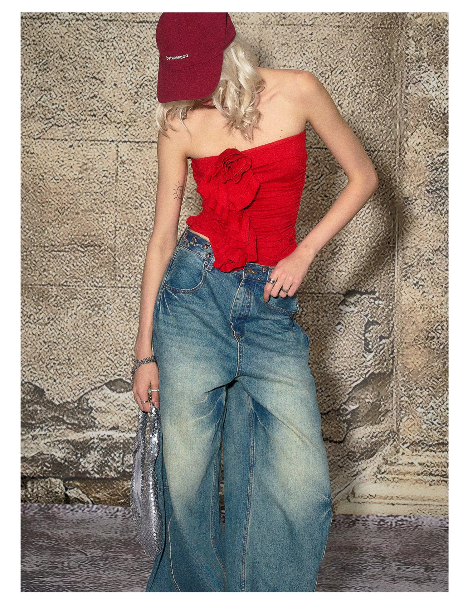 Red Floral Ruched Bandeau Crop T-shirt