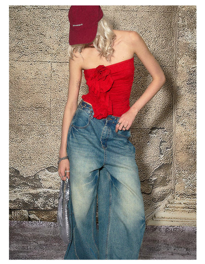 Red Floral Ruched Bandeau Crop T-shirt