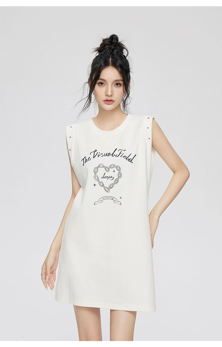 White &amp; Black Love Pattern Sleeveless Dress