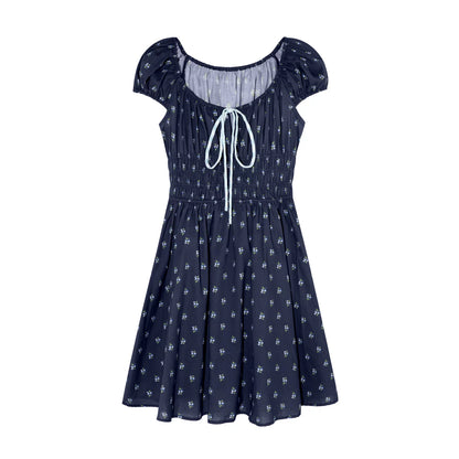 French Floral Tie-Waist Square Neck Puff Sleeve Dress