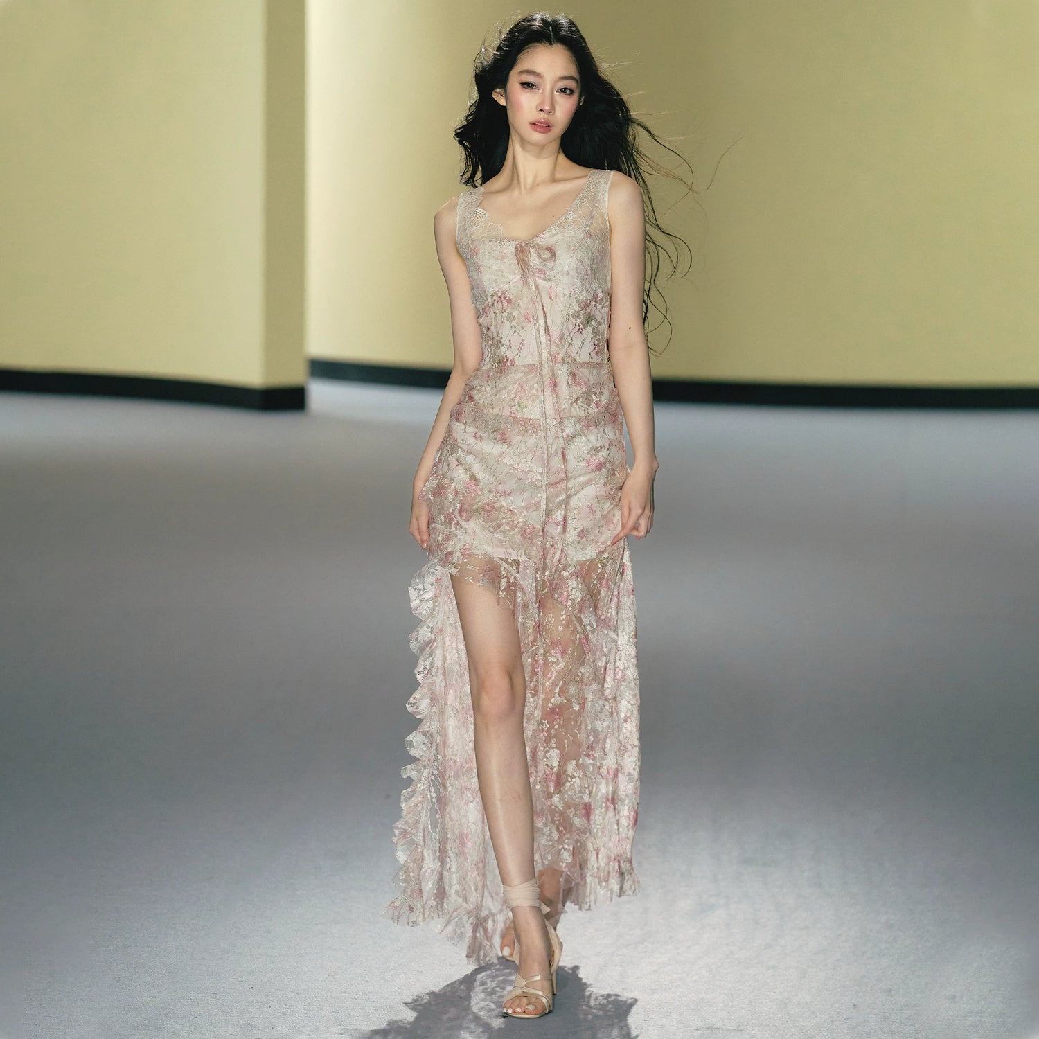 Misty Blush Lace-Panel Slip Maxi Dress