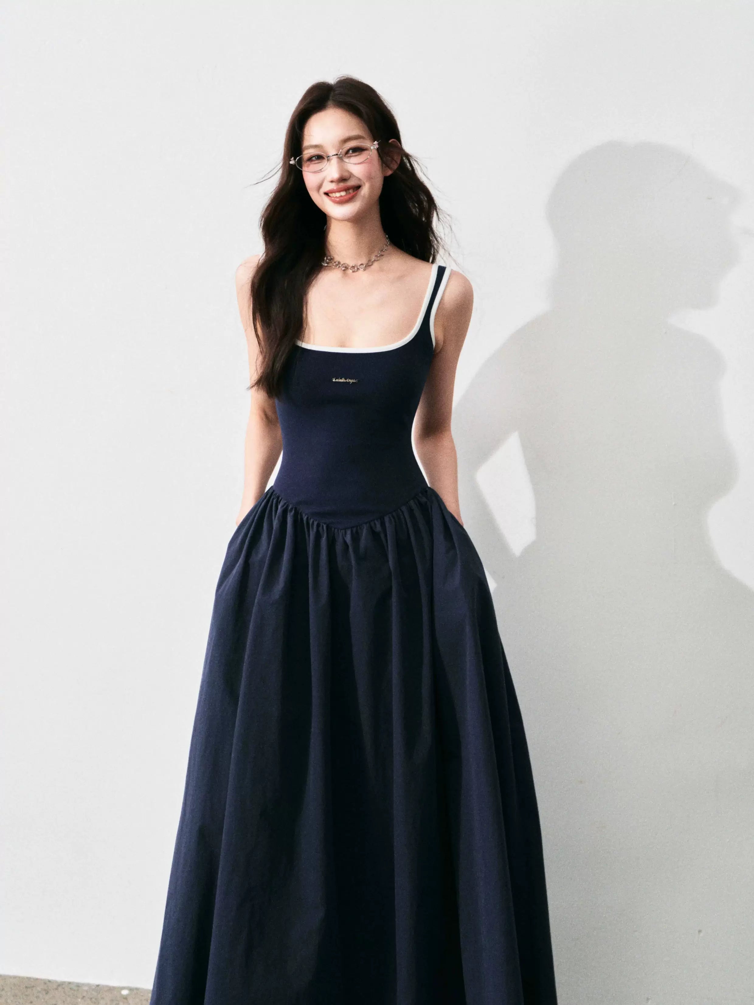 Contrast-Trim Backless Slip Maxi Dress