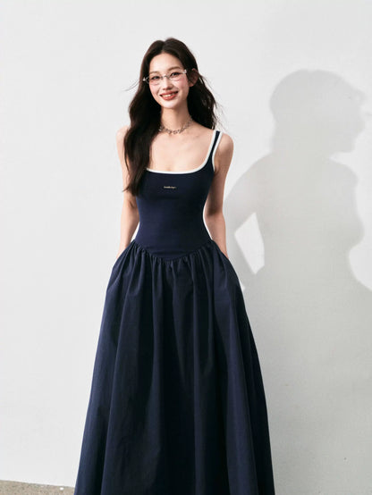 Contrast-Trim Backless Slip Maxi Dress