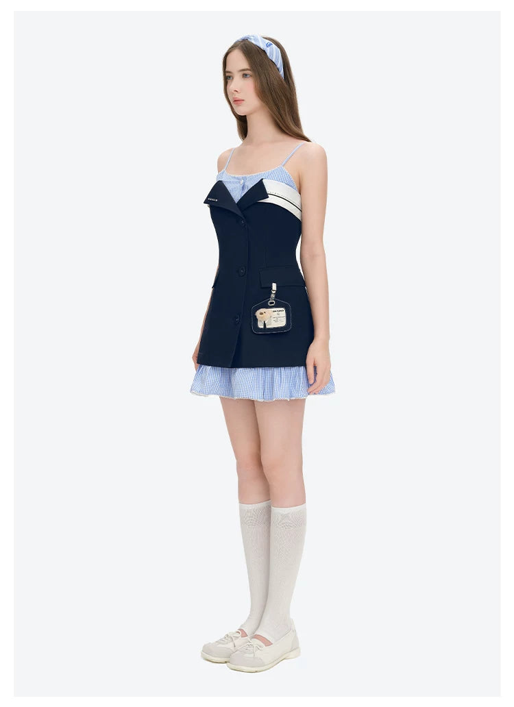 Two-Piece Illusion Blazer Badge Dress