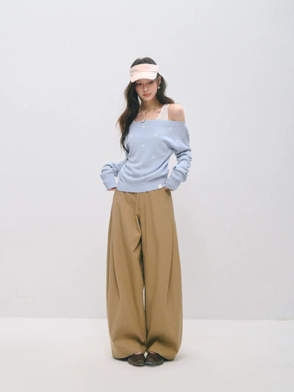 Asymmetric Pleated Curved Wide-Leg Trousers