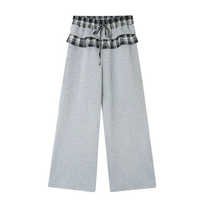 Plaid Patch Embroidered Sweatshirt &amp; Ruffled Waist Pants Set