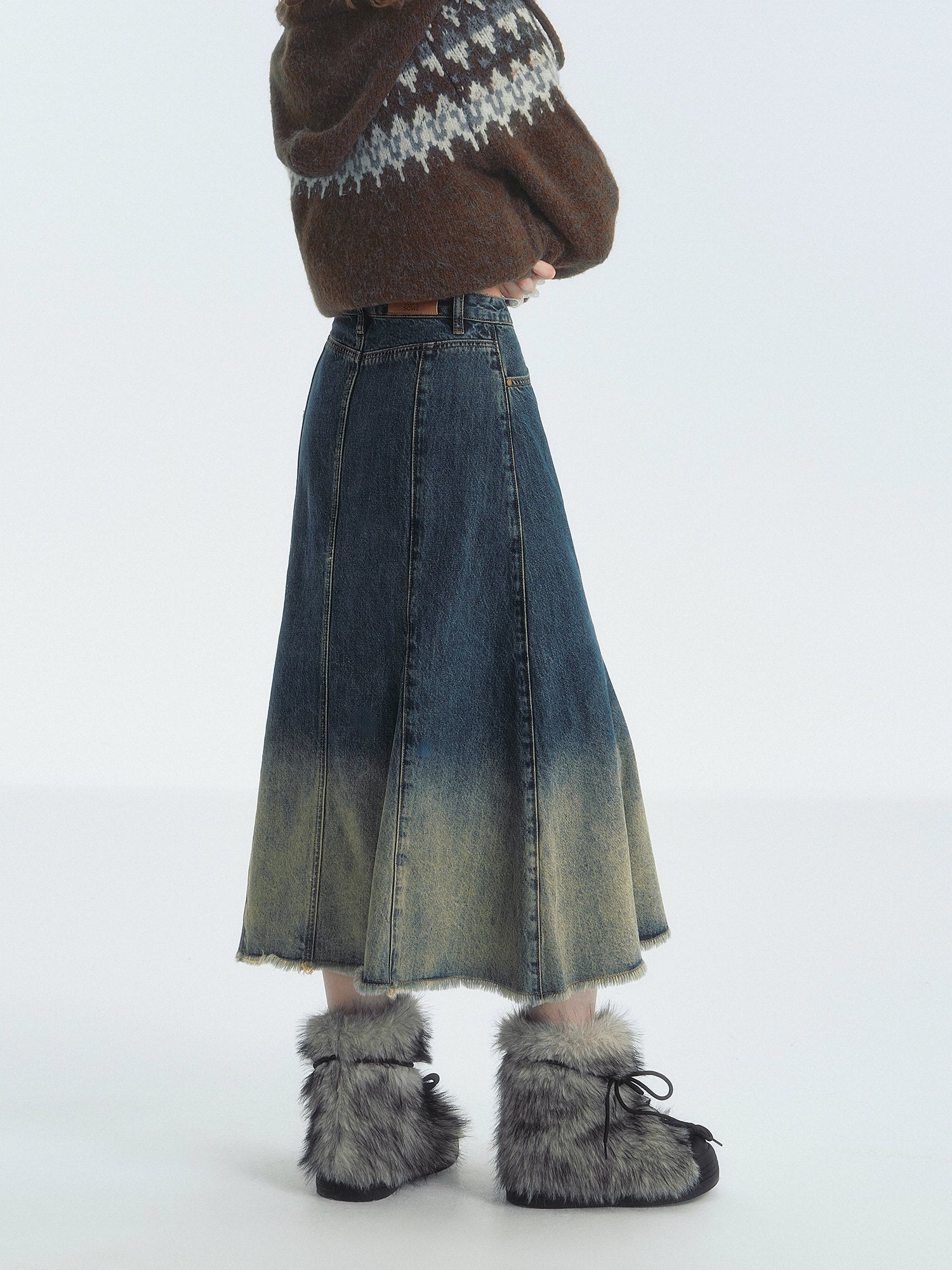 Gradient Frayed Bow Denim Skirt