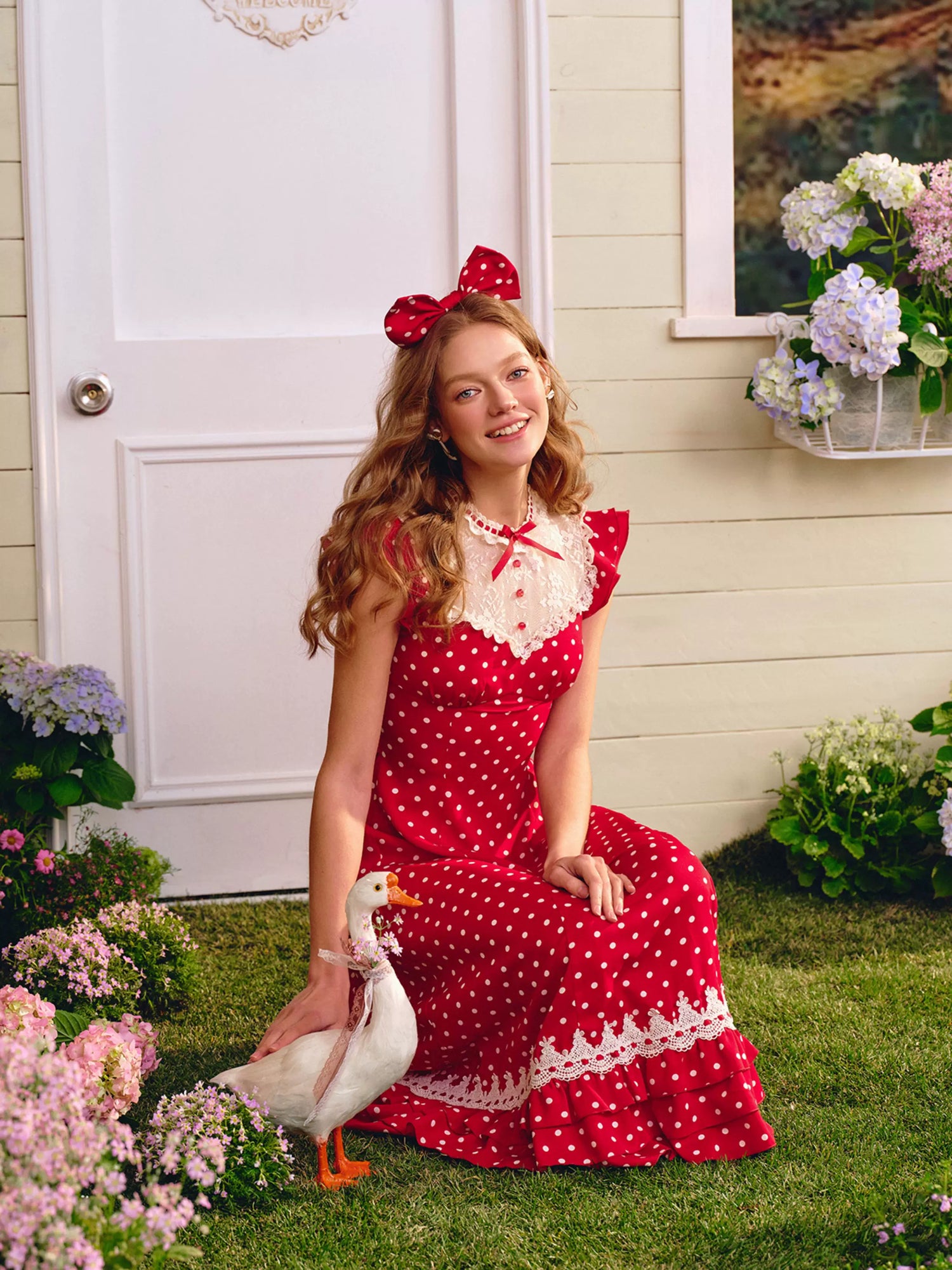 Red Sweet Collegiate Polka Dot Lace Dress