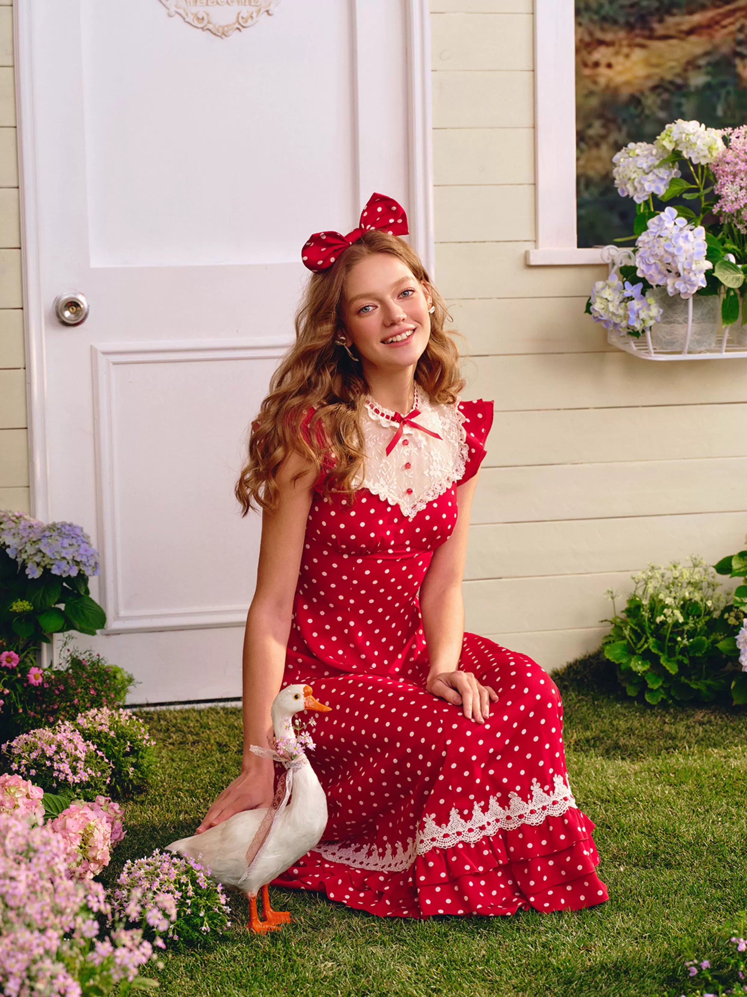 Red Sweet Collegiate Polka Dot Lace Dress