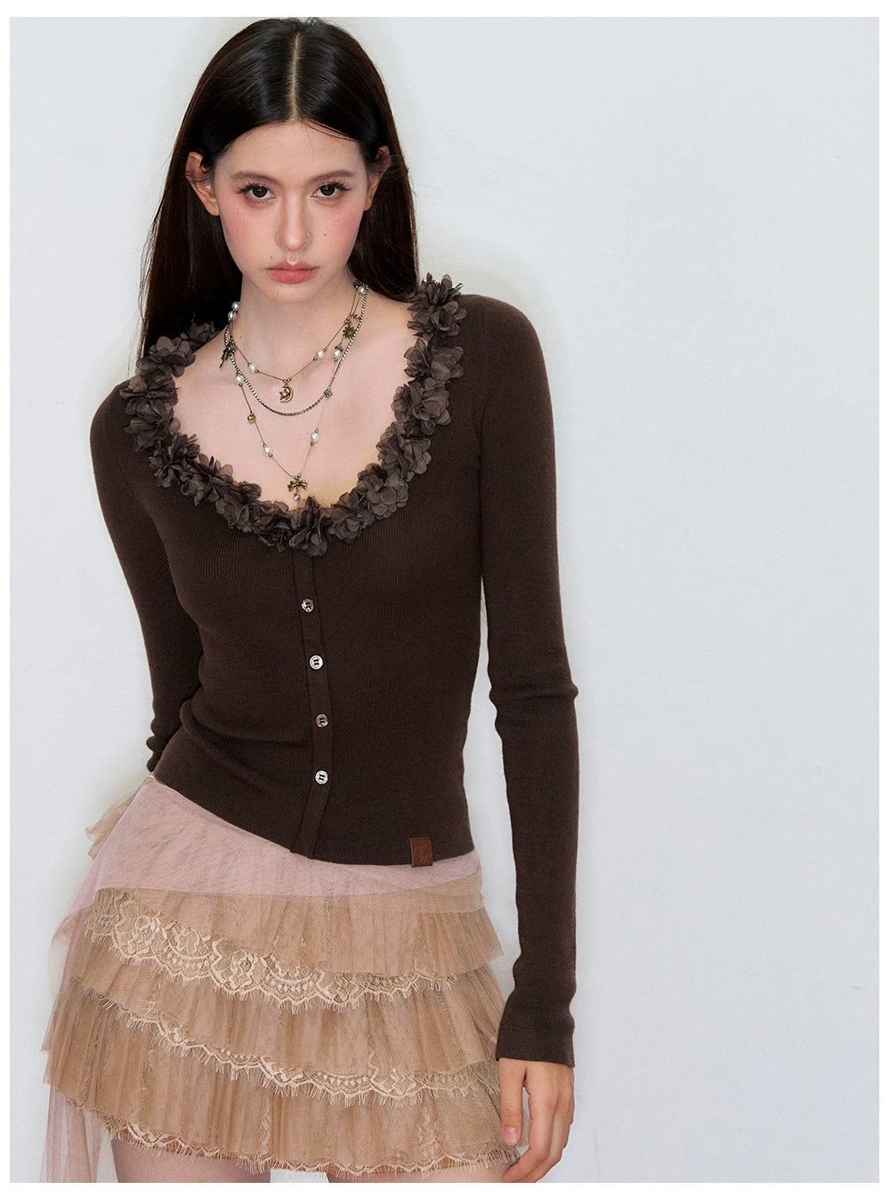 V-Neck Lace-Trim Fitted Knit Cardigan