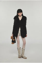 Camel & Black Wool Straight-Cut Furry Vest - CHINASQUAD