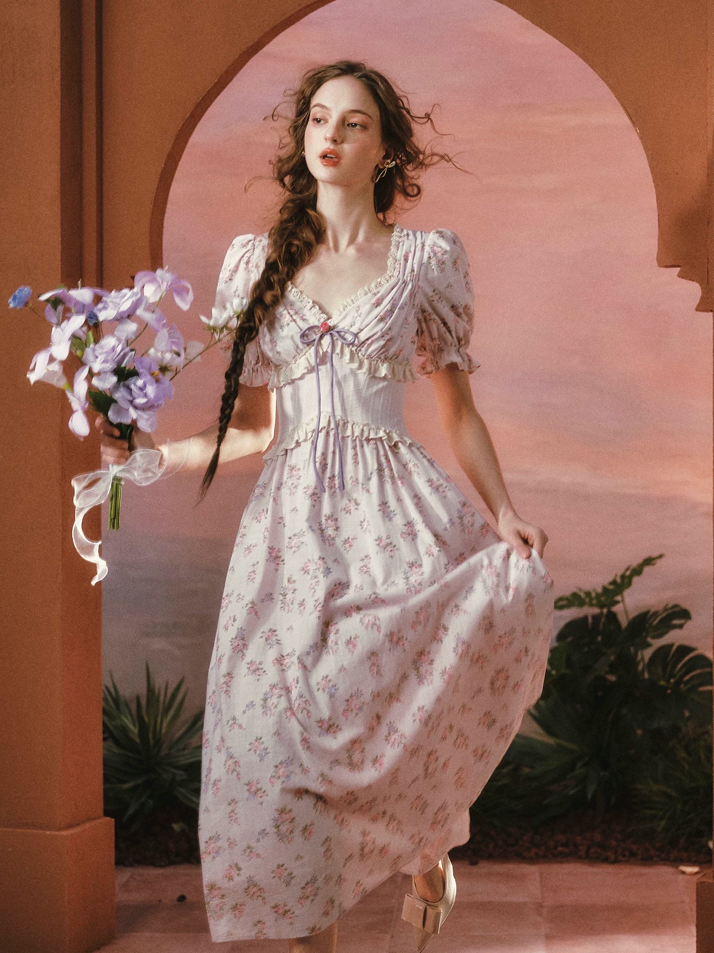 Stardew Garden Vintage Floral Waist-Cinching Midi Dress