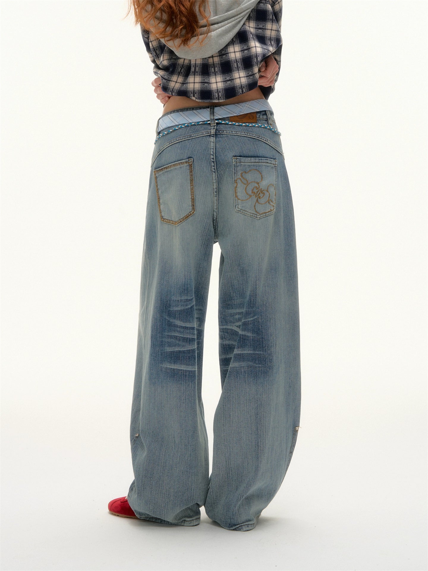 Beaded Tie-Waist Washed Denim Pants