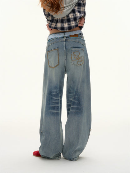 Beaded Tie-Waist Washed Denim Pants