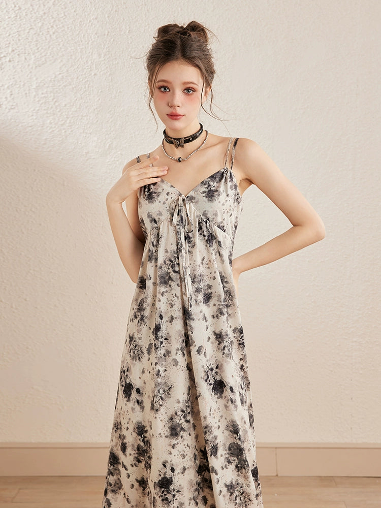 Apricot Rose Tie-Dye Floral Spaghetti Strap Dress