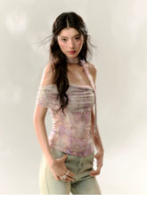 Purple Butterfly & Pink Butterfly Mesh One-shoulder T-shirt - CHINASQUAD