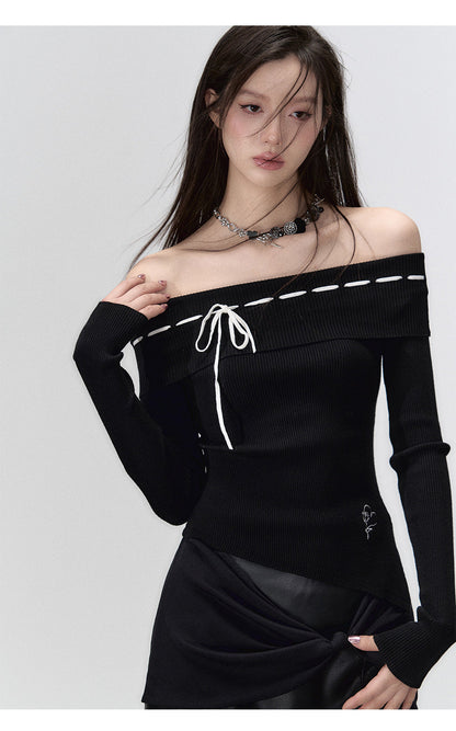 Black &amp; Brown Off-shoulder Knitted Long Sleeve T-shirt