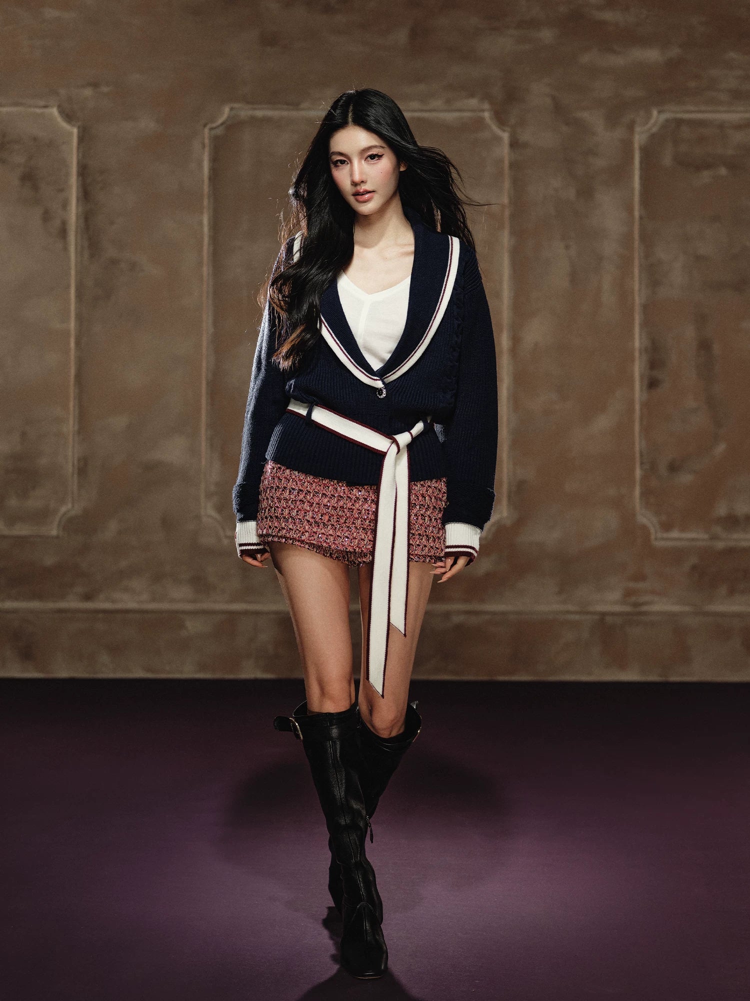 Oversized Contrast V-Neck Tie-Waist Knit Sweater