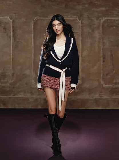 Oversized Contrast V-Neck Tie-Waist Knit Sweater